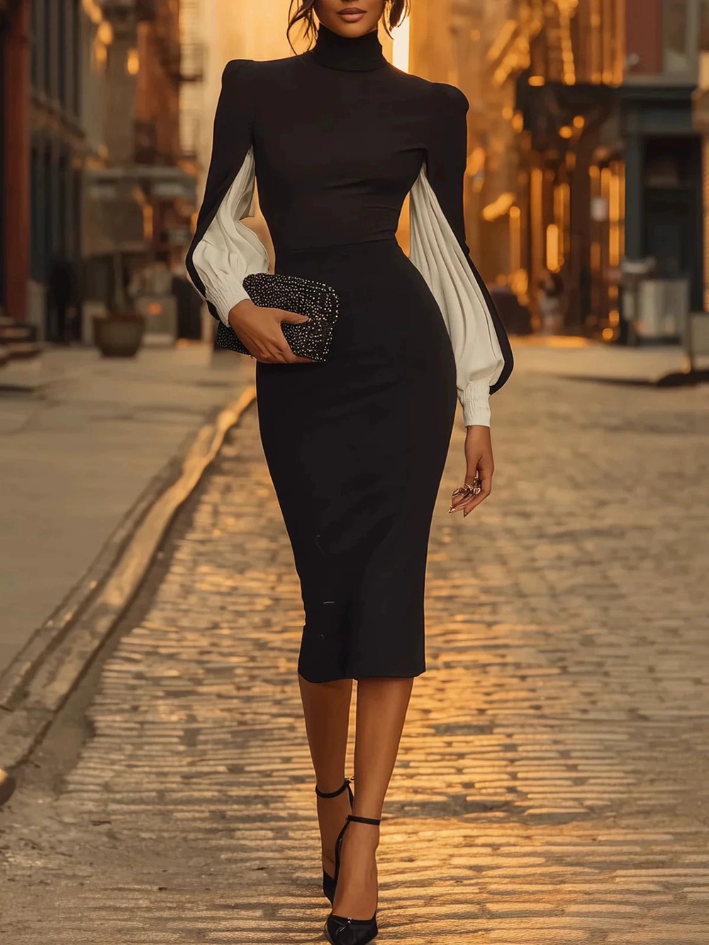 ZARA Elegant High Neck Color Block Bodycon Split Dress for Spring Summer